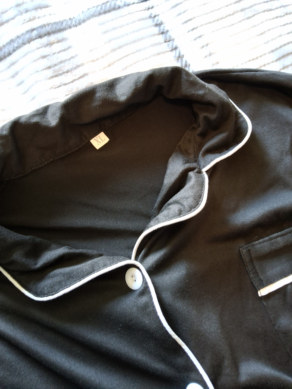 Black Short-Sleeve Button Pajama Set with White Piping - Picture 4 of 4